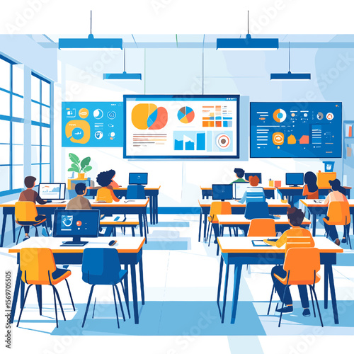 Classroom with Students Studying Charts on Monitor Screens and Desks with Computers in Blue and Orange Colors