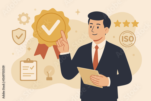 Businessman pointing at quality assurance certification badge. ISO standards, guarantee, top service, quality management, compliance, standardization, excellence, rating, checklist.