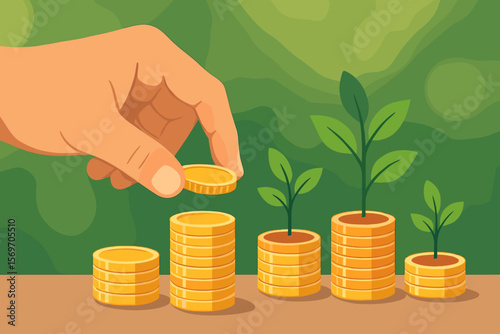 Hand stacking gold coins with green plants sprouting, investment growth, financial savings, wealth management, money growth, future planning, eco-friendly finance concept