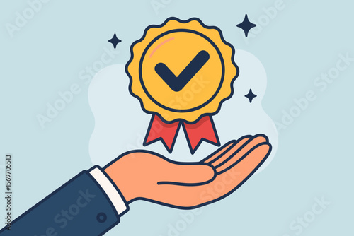 Quality assurance badge with check mark above open hand, symbolizing certified business, trusted service, verified shop, e-commerce reliability, brand trust, customer guarantee
