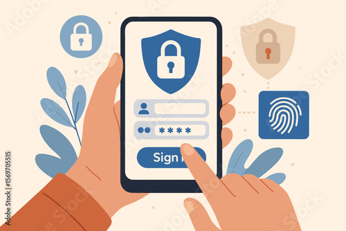Secure mobile login authentication, data protection, digital privacy, user access control, password entry, fingerprint ID, cybersecurity concept, smartphone security interface