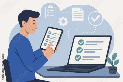 Digital checklist and document management system concept. Man verifying online forms, audits, workflow approval with tablet and laptop. Quality control, productivity, task management