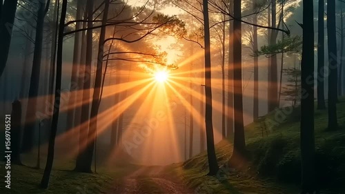 Mystical Sunlight Bursting Through Trees in Enchanting Forest Landscape