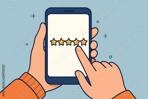 Customer feedback rating on smartphone. Five stars review. User experience evaluation. Business service quality survey. Hand holding mobile device. Digital satisfaction concept