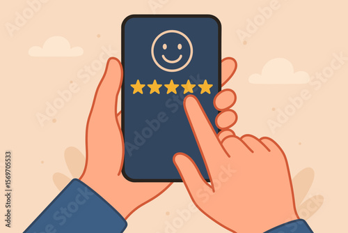 Customer feedback rating on smartphone. Hand giving five star review. User experience, satisfaction, business service evaluation, digital survey, positive online testimonial concept.