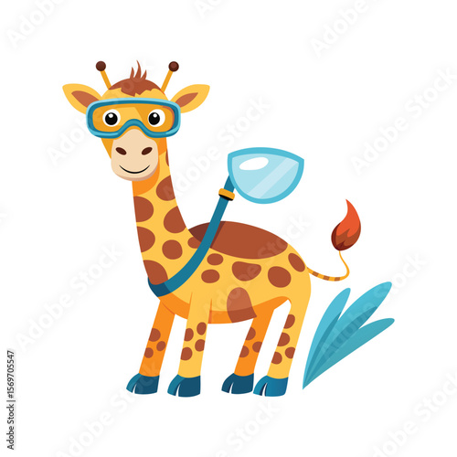 Cute giraffe wearing snorkeling mask and flippers, funny animal summer vacation illustration, tropical snorkeling vector art design