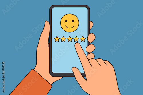 Customer feedback concept. Hand holding smartphone. Five star rating. User experience review. Digital survey. Service satisfaction. Business evaluation. Mobile app interface.