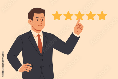 Businessman in Suit Giving Five Star Rating, Customer Evaluation Feedback, Positive Review for Client Satisfaction Survey, Service Quality, Customer Experience, Satisfaction Concept