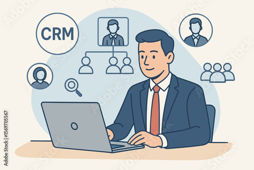 CRM customer relationship management concept, businessman using laptop for effective personnel management, human resources, recruitment, organizational structure, team leadership