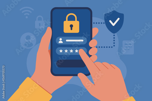 Secure mobile login authentication, data protection, and cybersecurity concept. Hand holding smartphone with password entry, privacy shield, padlock icon, digital privacy, safe access