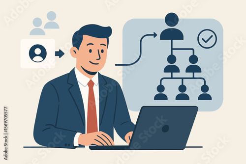 CRM customer relationship management, human resource business management, businessman using laptop, effective personnel recruitment, organizational structure, HR workflow