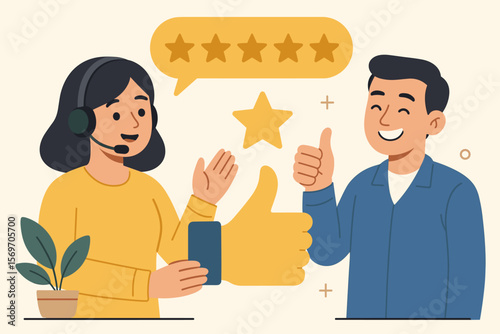 Customer service excellence, support representative with headset, five star rating, positive feedback, client satisfaction, thumbs up, business review, flat vector illustration