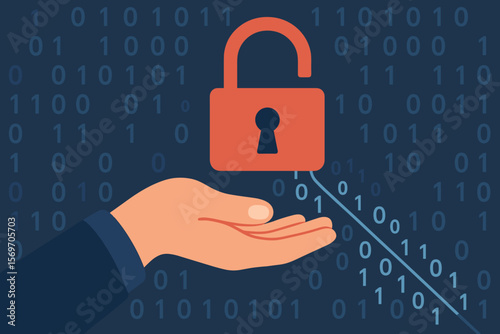 Cybersecurity breach concept with hand holding unlocked padlock, binary code background, data leakage, system vulnerability, digital security risk, information exposure