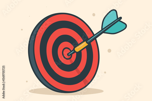Bullseye dartboard with dart hitting center target. Precision aim success concept. Flat vector illustration. Achievement, goal, focus, accuracy, winner, business strategy.