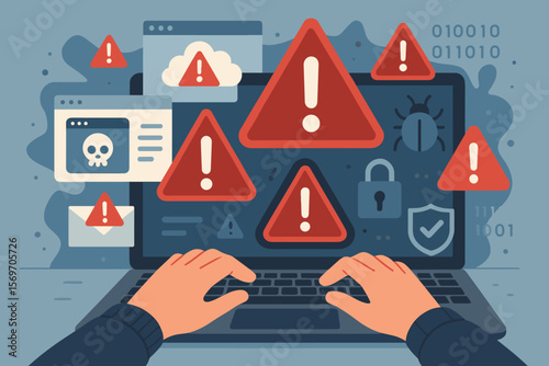 Cybersecurity threat alert concept. Hands typing on laptop with digital warning signs, malware attack, data breach, virus, phishing, hacking, IT security risk, system error