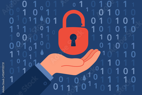 Cybersecurity breach concept with hand holding unlocked padlock, binary code background, data leakage, system vulnerability, digital security risk, cyber attack metaphor