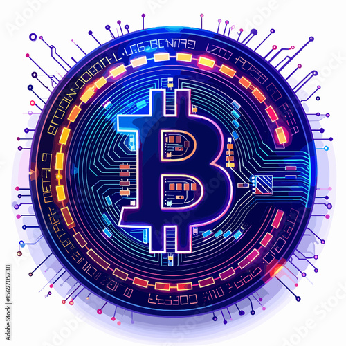 Abstract Bitcoin Digital Currency with Blue and Orange Circuit Design on White Background Represents Modern Finance Technology