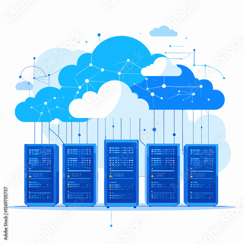 Abstract Blue and White Cloud Computing Network with Data Servers Illustration on White Background