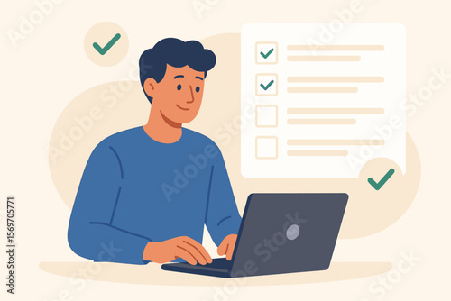 Digital checklist task management concept. Person using laptop with virtual to-do list, completed task icons, productivity workflow, online organization, remote work illustration