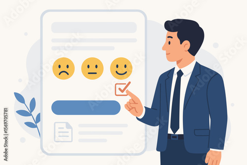 Businessman Selecting Positive Feedback on Digital Survey Form Interface. Customer Satisfaction, Online Review, User Experience, Rating, Virtual Questionnaire, Client Evaluation