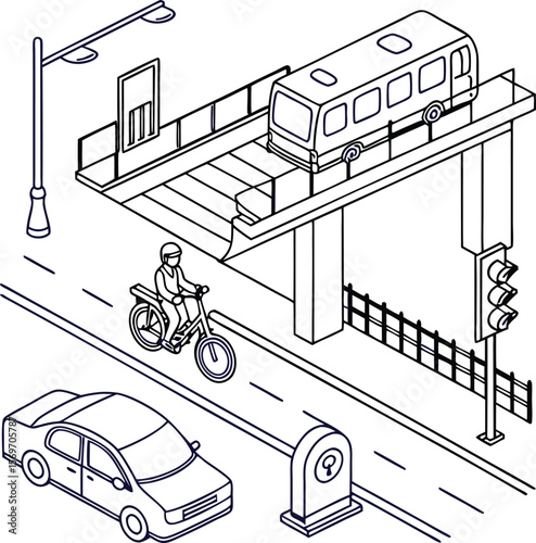 Minimalist public transportation scene featuring a car, bus, and cyclist