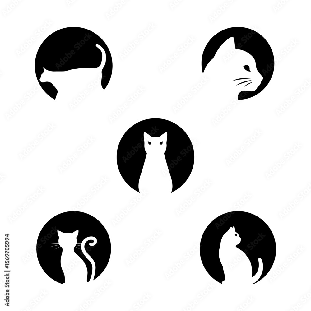 Fototapeta premium Silhouette Serenity: A minimalist composition presents elegant cat silhouettes inside perfect circles, embodying the feline's mysterious charm.