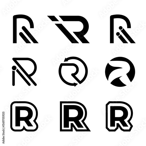 Monochrome Letter "R" Variations: A collection of sleek, minimalist letter "R" designs in various styles, showcasing the versatility and modern appeal of typographic elements. 