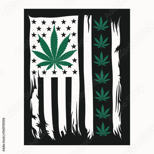 American Flag with Cannabis Leaves, Grunge U.S. Flag Featuring Marijuana Leaves as Symbol of Legalization, Black Background with Green Cannabis Imagery, Political Art of Marijuana Culture