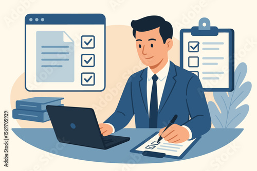 Document management system DMS concept. Businessman at desk with laptop, assessment form, checklist, clipboard, productivity task management, workflow organization, office work