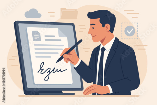 Businessman Signing Electronic Document on Digital Tablet, E-Signature Paperless Office Workflow, Smart Document Management, Secure Online Contract, Virtual File Approval