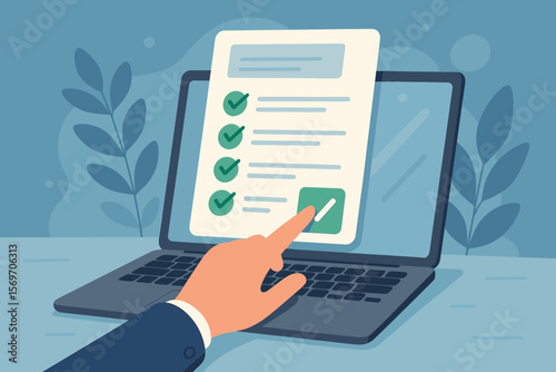 Digital checklist approval on laptop, hand touching online form, paperless office workflow, business process automation, electronic document management, e-signature concept