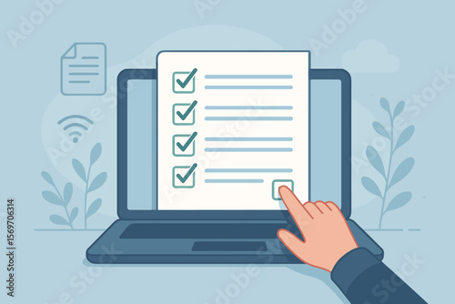 Digital checklist approval on laptop, hand interacting with online form, paperless office workflow, electronic document management, business productivity, remote work concept