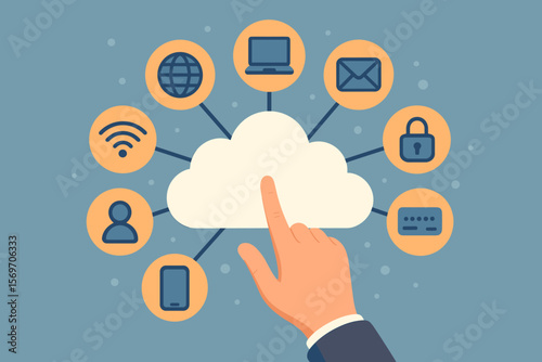 Cloud computing technology infographic with hand touching cloud icon, internet security, data storage, online banking, wireless connection, digital communication, network access