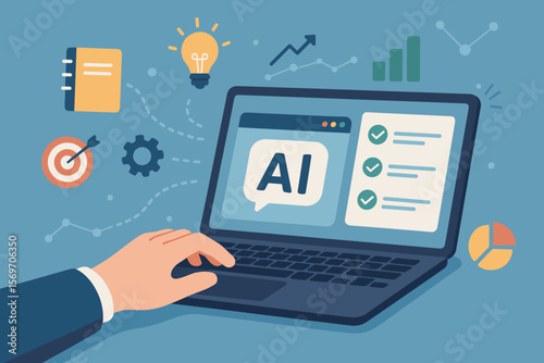 Business productivity boost with AI tools, task management, digital checklist, innovation icons, data analysis, strategy planning, workflow automation, success concept illustration