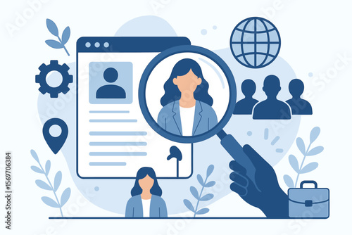 Human resource management recruitment concept. HR job search, global hiring, candidate selection, online resume, internet application, magnifying glass, employee profile icon