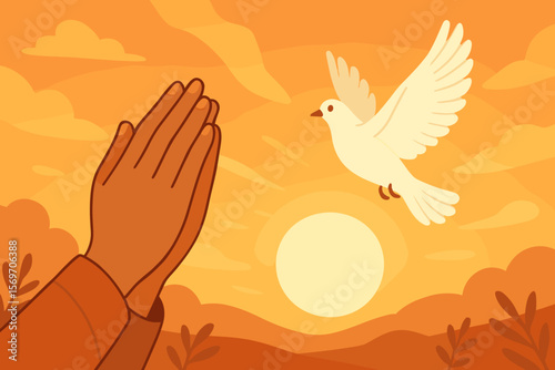 Praying hands and flying dove at sunset, faith, hope, freedom, belief, peace, spirituality, prayer for better future, liberty, independence, religion, nature, sunrise