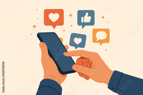 Hands Holding Smartphone with Social Media Notification Icons, Like, Heart, Message, Digital Marketing, Online Communication, Mobile Engagement, Modern Flat Vector Illustration