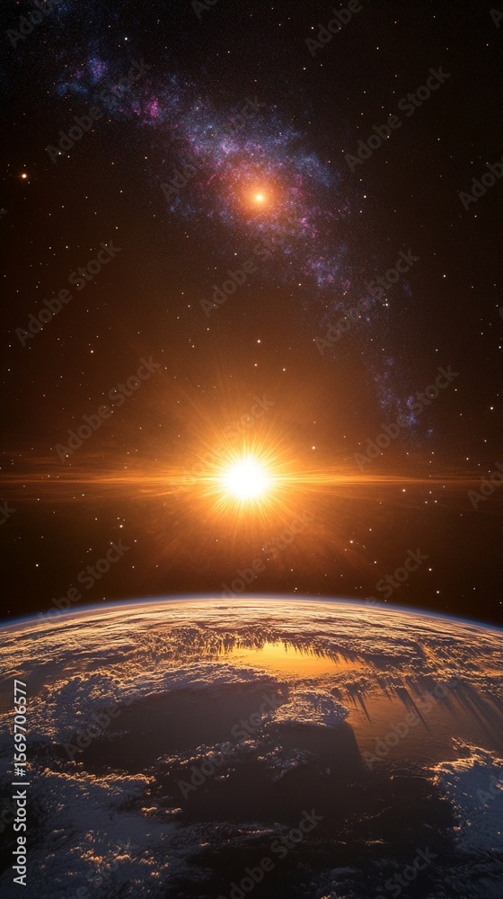 Obraz premium Cosmic sunrise over Earth: a breathtaking view of our planet's curvature with sunlight illuminating atmospheric layers and distant galactic brilliance
