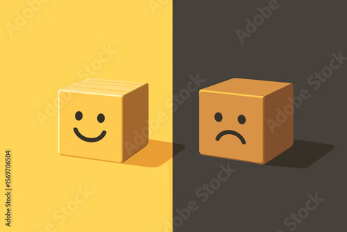 Emotional State Concept, Happy and Sad Face Wooden Cubes, Positive vs Negative Mindset, Mental Health, Mood Contrast, Light and Dark, Psychology, Modern Flat Vector