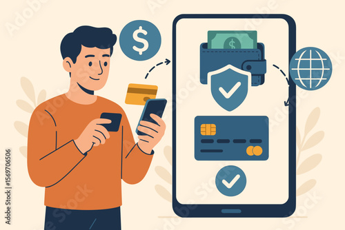 Secure online payment with smartphone, digital wallet, mobile banking, credit card transaction, fintech, global e-commerce, financial technology, safe money transfer