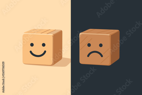 Emotional state and mental health concept. Wooden cube with happy face in light, sad face in dark. Positive and negative mindset, mood disorder, psychology, decision making