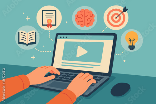 Online education digital learning concept. Hands typing on laptop with icons diploma, brain, target, book, lightbulb. E-learning, remote study, knowledge, skills, certification