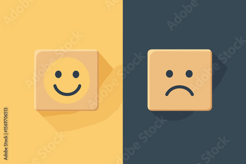 Emotional state mental health concept. Smiley face and sad face on wooden blocks, positive and negative mood, happiness vs sadness, decision, mindset, psychology, flat vector illustration