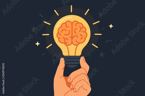 Creative thinking concept, hand holding glowing lightbulb with brain, innovation, inspiration, smart idea, intellectual power, imagination, problem solving, dark background