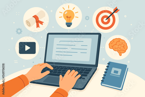 Online education digital learning concept. Hands typing laptop with icons diploma, brain, target, lightbulb, video. E-learning platform, remote study, knowledge, skills development