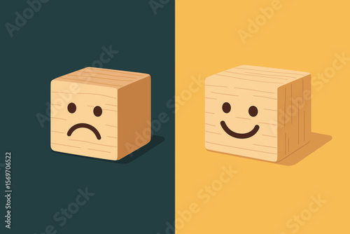 Emotional state mental health concept. Wooden blocks with happy and sad faces. Positive mindset choice. Mood disorder, depression, optimism, psychology, decision, flat vector