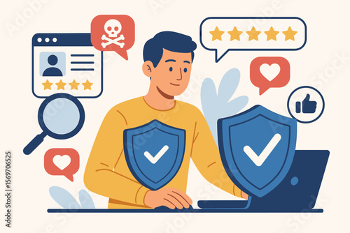 Online reputation management concept. Social media review protection. Internet privacy, trust, digital security. Magnifying glass, shield, rating stars, feedback, like, heart icon