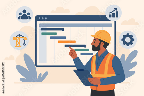 Construction project management concept with site manager using Gantt chart schedule for planning tasks, workflow progress, team collaboration, and corporate strategy in engineering