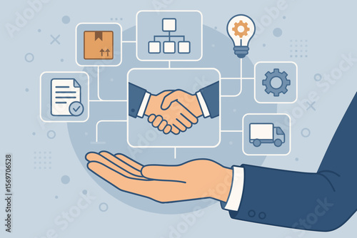 Digital procurement interface with handshake icon on businessman hand, symbolizing contract agreement, document workflow, supply chain management, smart business solutions