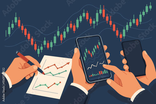Stock market analysis concept. Business hands with smartphone, financial chart, candlestick graph, trading indicators, investment planning, strategy, data analytics, finance